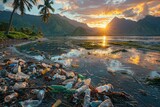 huge pile of plastic rubbish on tropical beach professional photography