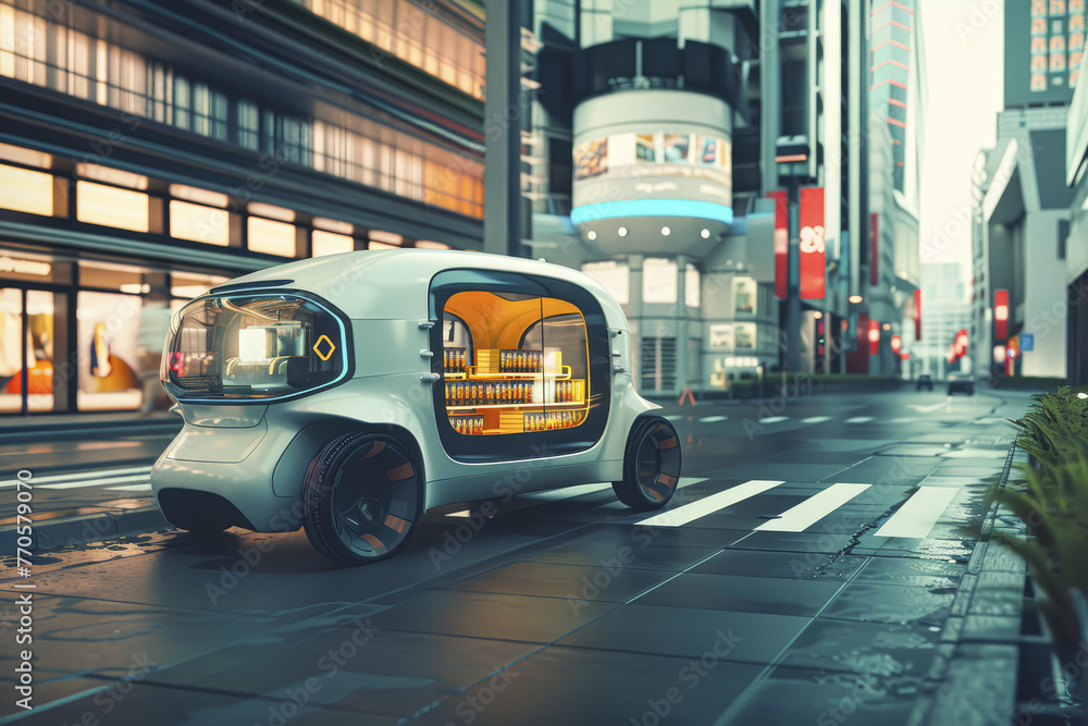 A sleek, futuristic delivery vehicle with neatly organized shelves of products navigates city streets, symbolizing the seamless concept of food delivery in urban environments. Generative AI. A sleek, futuristic delivery vehicle with neatly organized shelves of products navigates city streets, symbolizing the seamless concept of food delivery in urban environments. Generative AI.