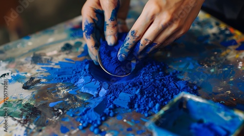 A child's blue paint-covered hands create a colorful world on a home table during a fun art session photo