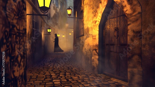 A narrow cobblestone street winds through an ancient Italian town at night