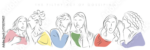 Hand draw line art vector of act of gossip, backbiting and badmouthing. Spreading rumors. Moral dilemma