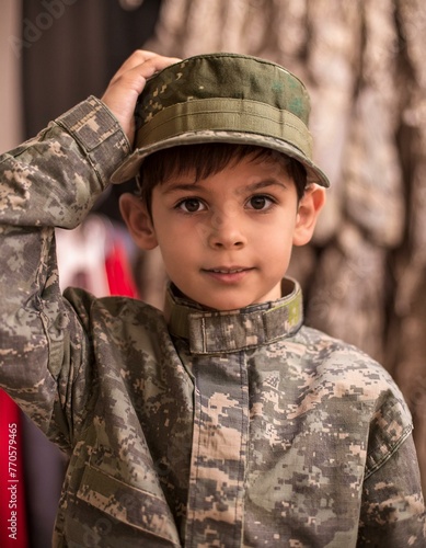 Courageous Cadet: Young Boy in Camouflage Uniform Holding Up Hat