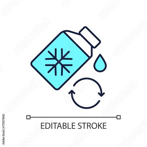 Refrigerant RGB color icon. Refill cooling agent. Chemical product for HVAC system. Bottle and snowflake. AC system. Isolated vector illustration. Simple filled line drawing. Editable stroke