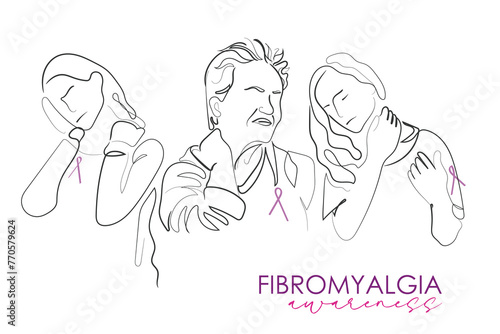 Hand drawn line art vector of Fibromyalgia awareness. Chronic fatigue syndrome. Chronic pain and its awareness