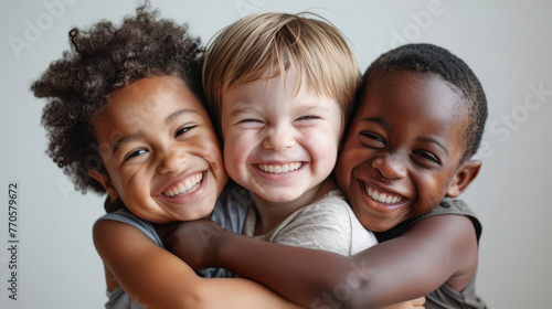 Diverse Childhood Joy: Three Kids Embracing and Laughing