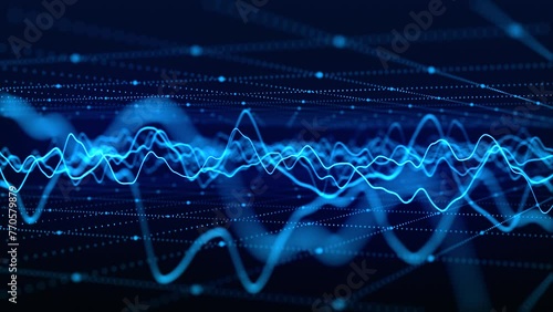 Wave of particles. Futuristic pattern of dots and lines on a dark background. Visualization of sound waves. Big data digital code. Technology or science banner. 3D rendering. 4K animation. photo