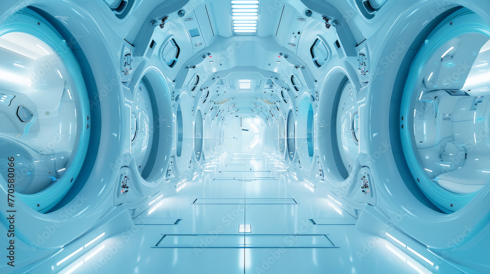 Futuristic hall corridor on spaceship. Light Interior of intergalactic ship. Space travel concept. Generative AI