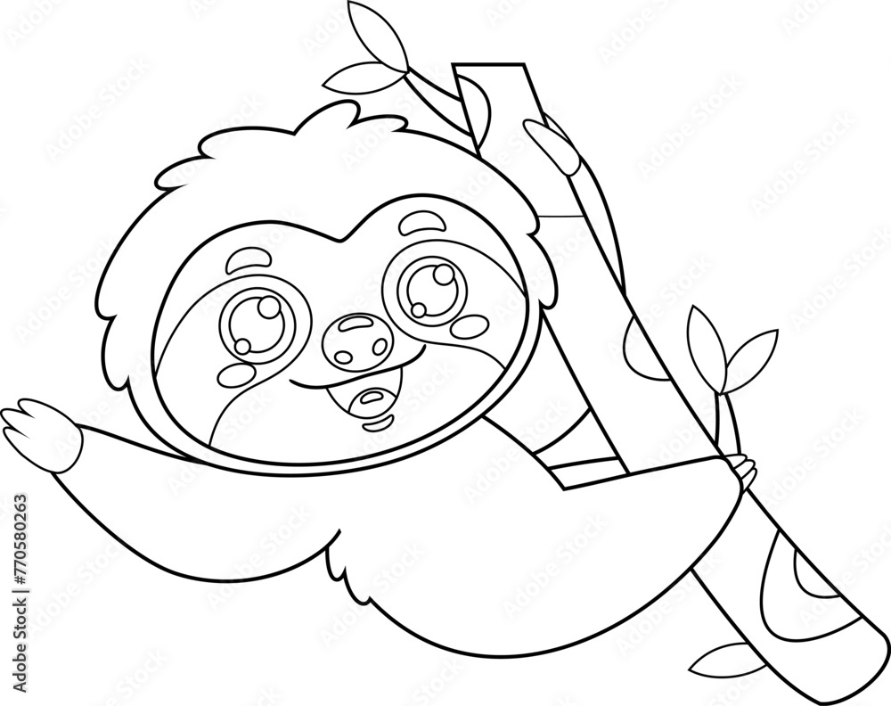 Fototapeta premium Outlined Cute Baby Sloth Cartoon Character. Vector Hand Drawn Illustration Isolated On Transparent Background