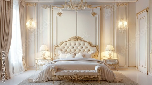 Luxury bedroom in light colors with golden furniture details. Big comfortable double royal bed in elegant classic interior.,This image showcases a modern classic design for a bedroom, exuding eleganc
