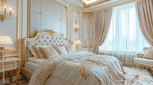 Luxury bedroom in light colors with golden furniture details. Big comfortable double royal bed in elegant classic interior.,,This image showcases a modern classic design for a bedroom, exuding eleganc photo
