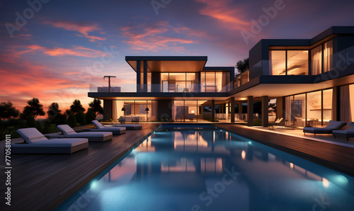 3d rendering of modern cozy house with pool and parking for sale or rent in luxurious style. Sunset with beautiful sky © Ilham