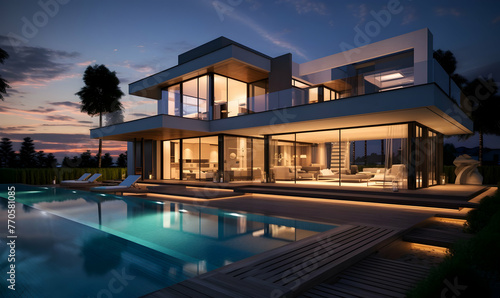 3d rendering of modern cozy house with pool and parking for sale or rent in luxurious style. Sunset with beautiful sky © Ilham