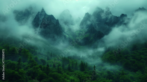 Clouds covering the mountains, peaceful view of nature. High angle