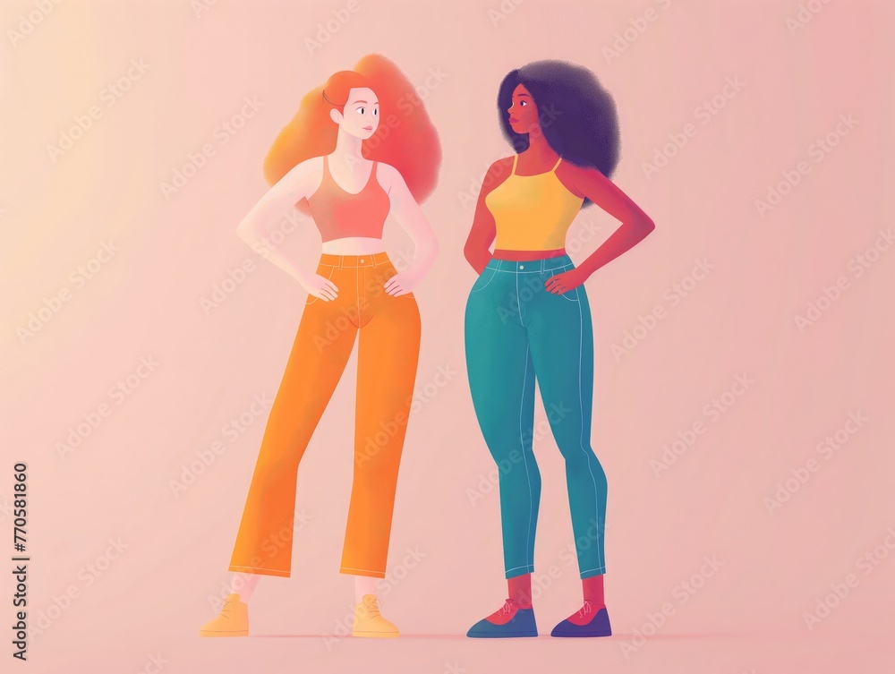 Two vibrant cartoon women stand confidently, celebrating diversity and friendship.