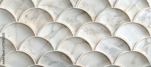 Close up of white marble mosaic tile pattern with arched shapes. Abstract background, texture and wallpaper for interior design in bathroom or kitchen