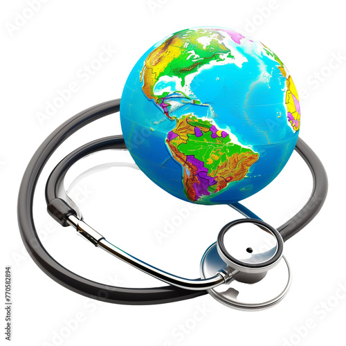 A vibrant globe wrapped in a stethoscope, symbolizing World Health Day, isolated on transparent background.