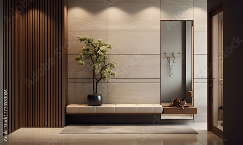 Interior of modern bathroom with white walls, wooden floor, comfortable brown sofa and round mirror. 3d rendering
