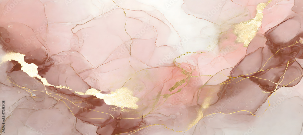 Abstract dusty blush liquid watercolor background with golden cracks. Pastel pink marble. Generative AI.