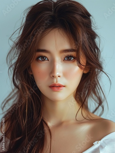  The facial features are consistent with the original picture , Asian people，Bright white background,girl,portrait of a beautiful young 20-year-old star,Hongkong Actor