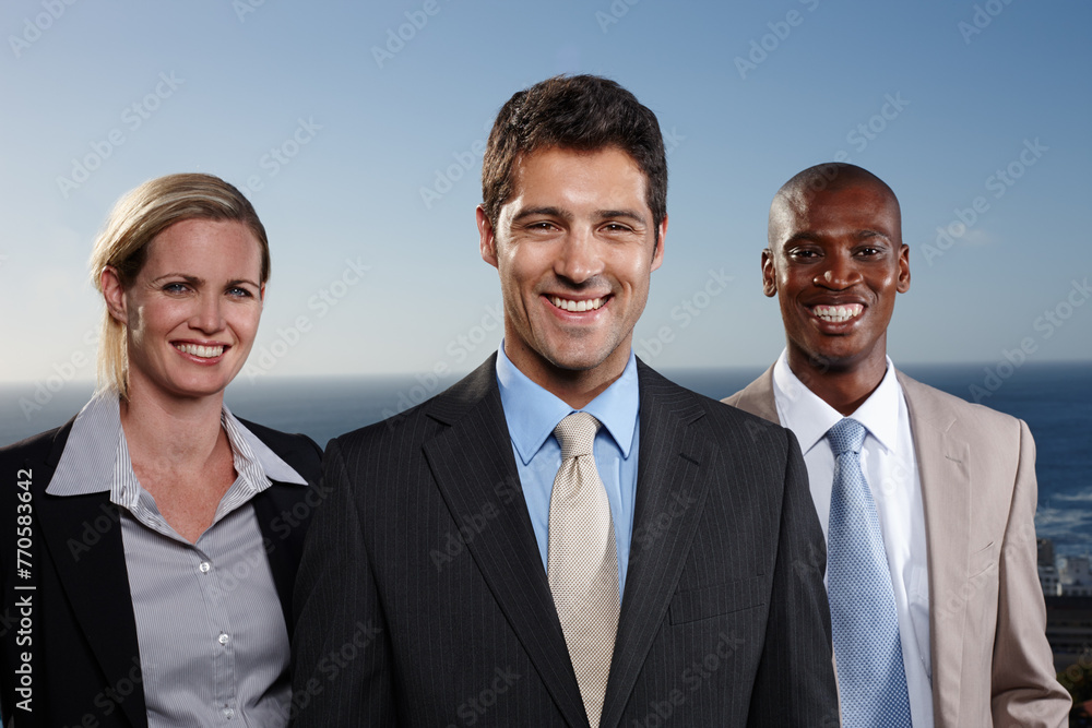 Portrait, diversity and business people with pride in group for corporate team, outdoor and smile by ocean. Men, woman and collaboration with management for entrepreneur, workforce and leadership. Portrait, diversity and business people with pride in group for corporate team, outdoor and smile by ocean. Men, woman and collaboration with management for entrepreneur, workforce and leadership.
