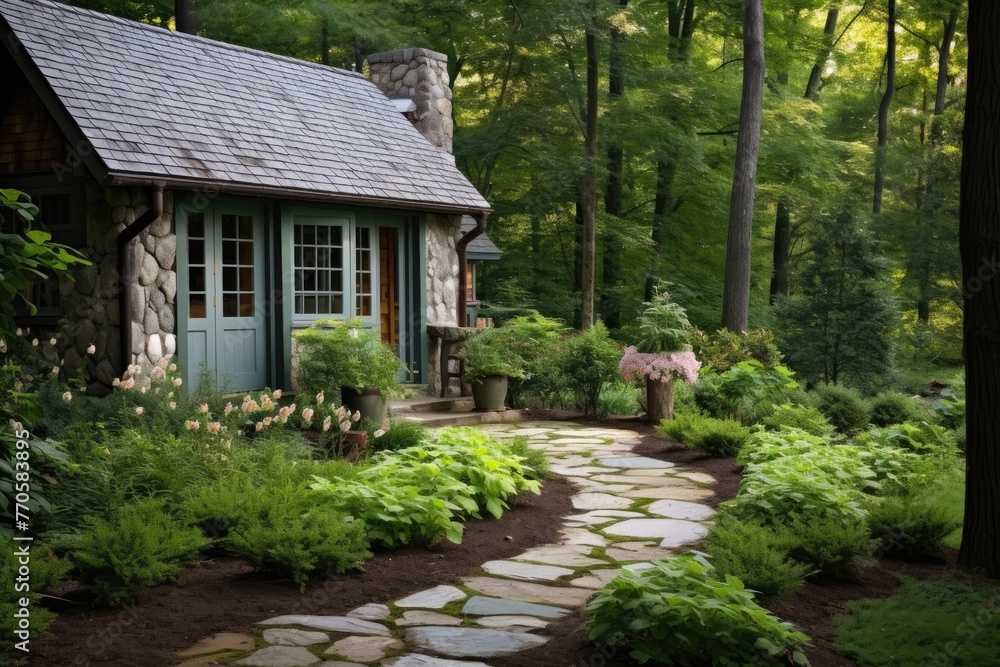 Beautiful summer garden with green trees, plants and stone path.