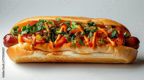 hot dog with mustard and ketchup, Gourmet hot dog with condiments and herbs on a white background. Side view close-up. Street food and snacks concept for design and menu