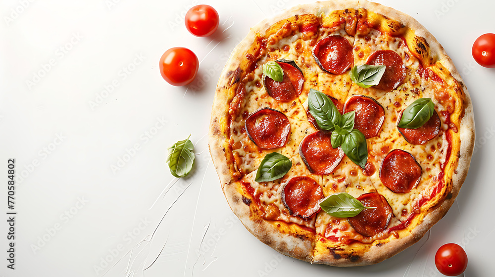 Freshly baked pizza with tomatoes, basil, and mozzarella on a white textured background. Top view with place for text. Italian cuisine and pizza night concept for design and advertisement