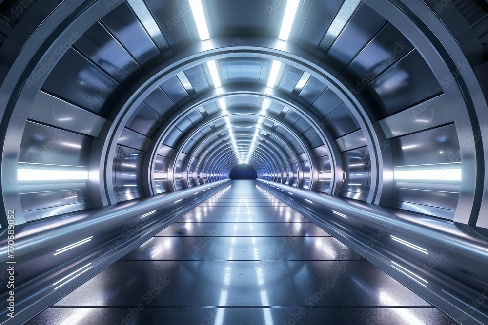 Fototapeta premium 360 degree view of futuristic metallic tunnel with glowing neon lights and reflective surfaces, 3d render illustration hdri