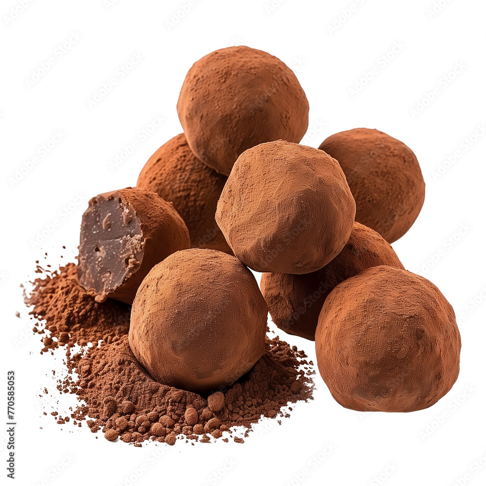 Handcrafted gourmet truffles dusted with fine cocoa powder, displayed elegantly, isolated on transparent background. Handcrafted gourmet truffles dusted with fine cocoa powder, displayed elegantly, isolated on transparent background.