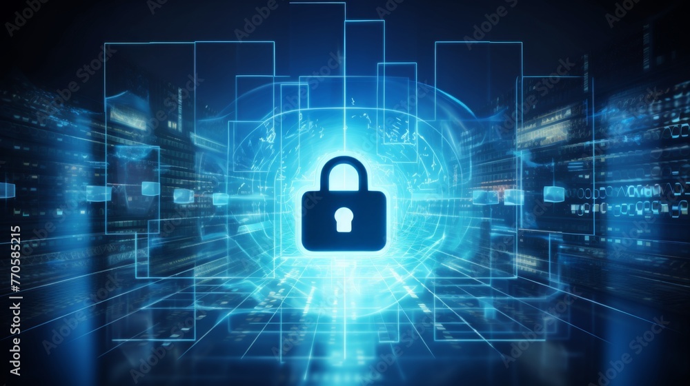 Fototapeta premium Futuristic Data Interface with Glowing Blue Padlock Symbol Ai generated