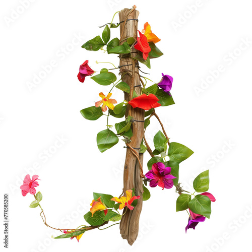 A brightly colored flower creeper entangled around a weathered wooden stick, isolated on transparent background photo