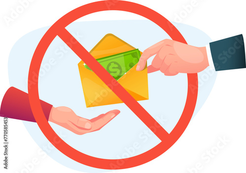 concept of prohibiting monetary aid or bribery, hand with the envelope of money is crossed out with a red line
