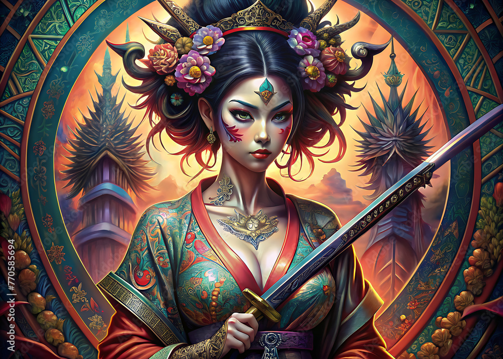 Elegant Geisha with ornate body tattoos, brandishing a Katana blade.
