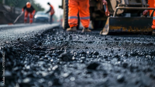 Street Asphalt with workers' teamwork ,road surface repair. Road construction. photo