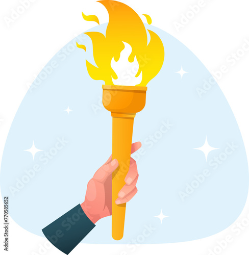  hand holding the torch with the Olympic torch.