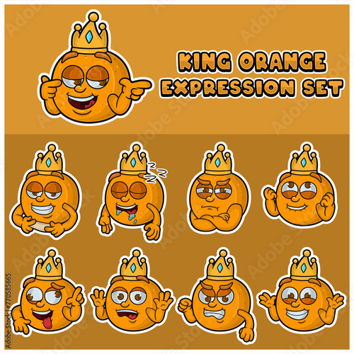 Orange fruit  mascot character cartoon with crown and face expression set.