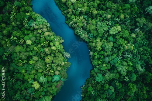 Aerial View of Amazon Rainforest River - Lush Green Jungle Landscape, Drone Photography
