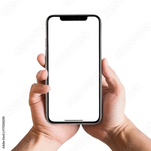 male hands holding a modern smartphone with isolated screen on a white background