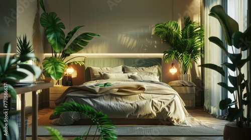Stylish bedroom interior with comfortable bed, dressing table, lamps and green houseplantsGiant floral motifs in dark brown and bright white make a vibrant statement in this cozy maximalist bedrom photo