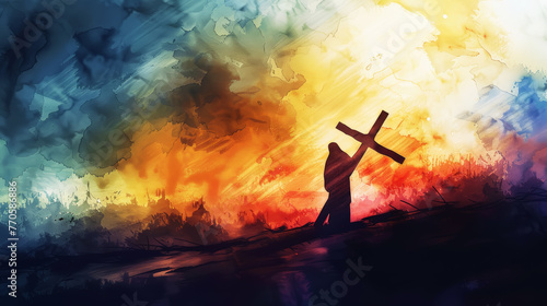 Easter crucifixion scene with silhouettes of the cross of Jesus Christ. Watercolor. Dark colours. Generative AI © AngrySun