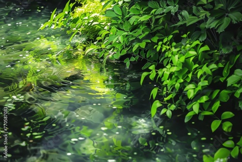 Beautiful close-up of a clear  fresh spring stream with lush green plants  horizontal banner format  abstract outdoor nature background  digital painting