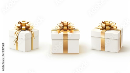Gift boxes isolated on white. 3d white gift boxes with golden ribbon and bow. Birthday celebration concept. Vector illustration © Emil