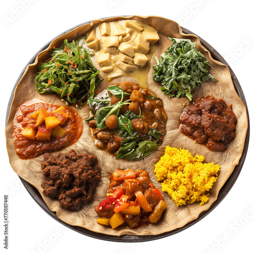 Ethiopian injera with a variety of spicy stews (wot) and vegetables, presented on a communal platter, isolated on transparent background photo
