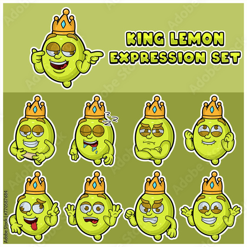 Lemon fruit  mascot character cartoon with crown and face expression set.