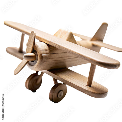 Wooden toy airplane isolated on a transparent background.
