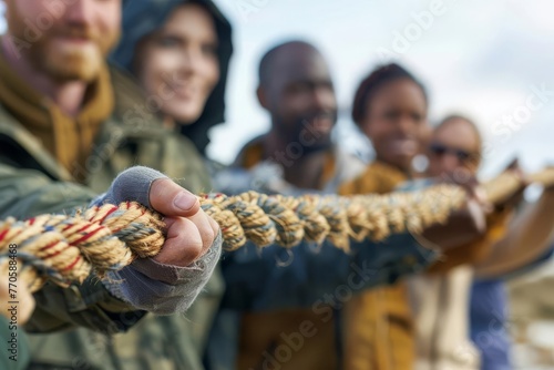 Diverse team of people holding a braided rope, symbolizing unity, strength, and collaboration