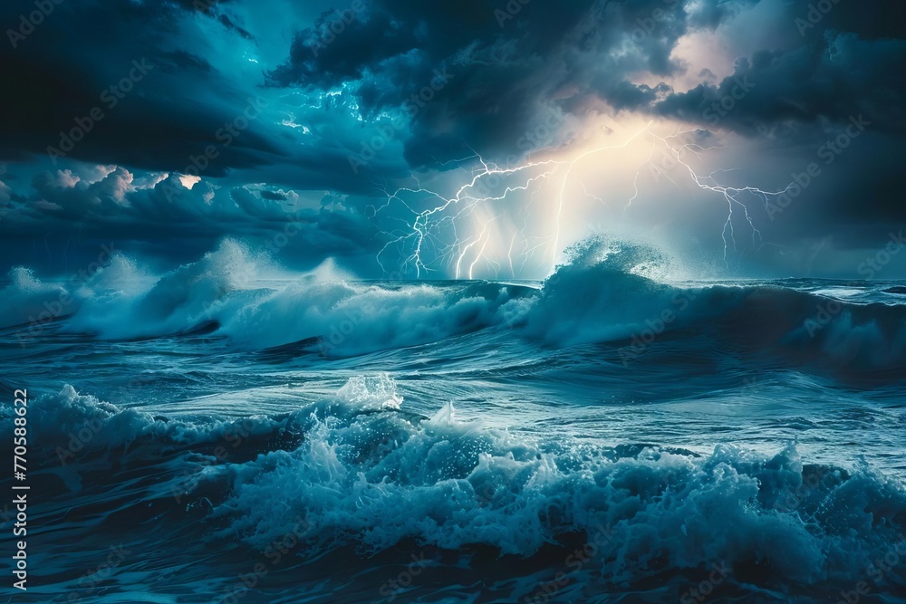 Dramatic stormy ocean with crashing waves and lightning in dark sky, natural disaster concept