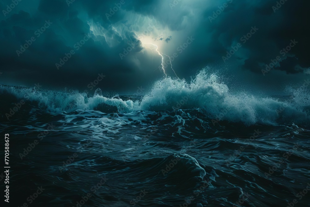 Dramatic stormy ocean with crashing waves and lightning in dark sky, natural disaster concept