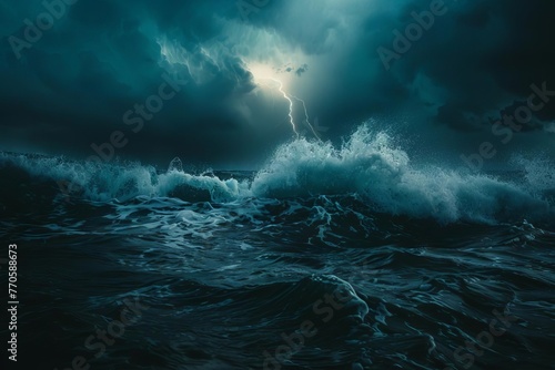 Dramatic stormy ocean with crashing waves and lightning in dark sky  natural disaster concept