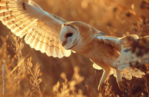 A closeup photo of an owl in flight, captured midflight over the golden grasses and reeds of British woodland at dawn © Kien